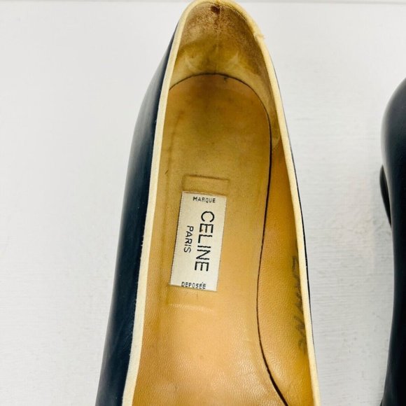 Celine Vintage Navy Blue and Cream Logo Coin Bow Detail Court Heels UK 5.5 - Picture 9 of 14